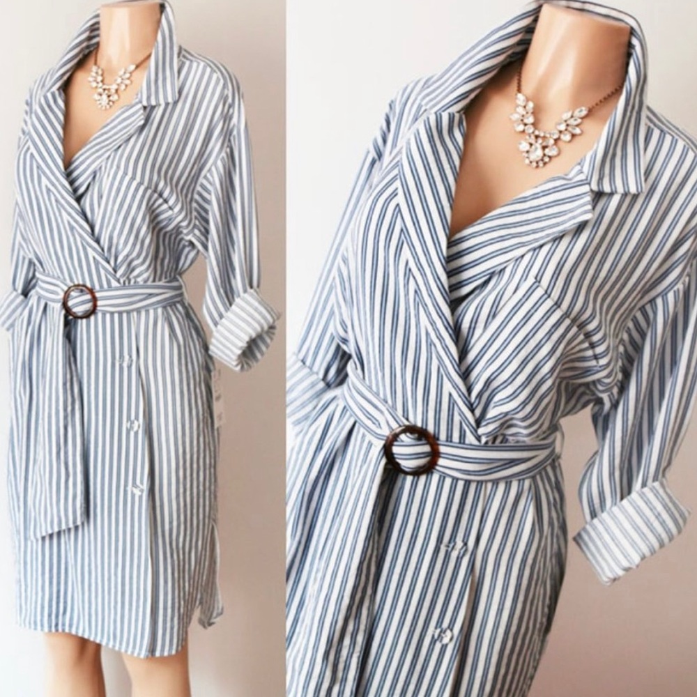 Zara Blue Stripe Belted Wrap Button Shirt Dress